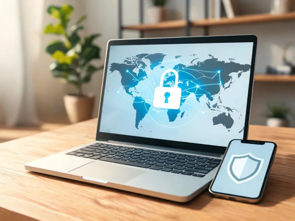 Laptop z mapą świata i kłódką oraz smartfon z tarczą, symbolizujące bezpieczeństwo i anonimowość połączenia VPN.
