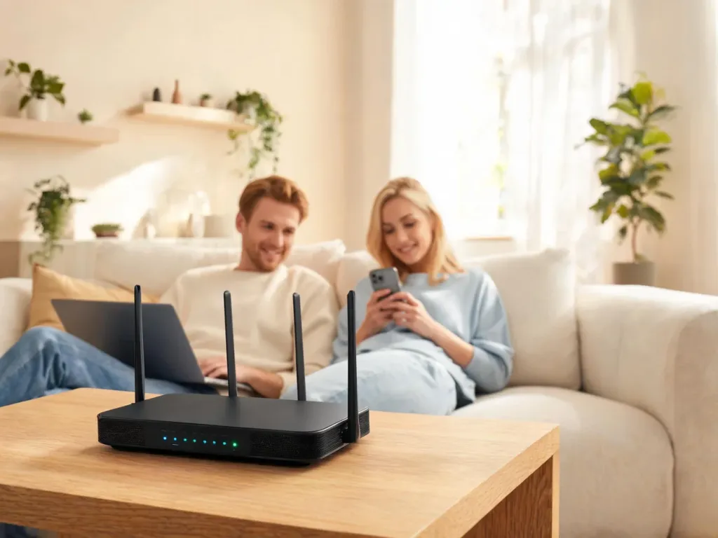 Przytulny salon z routerem Wi‑Fi na stoliku; para na kanapie swobodnie korzysta z laptopa i smartfona, sygnał działa stabilnie.