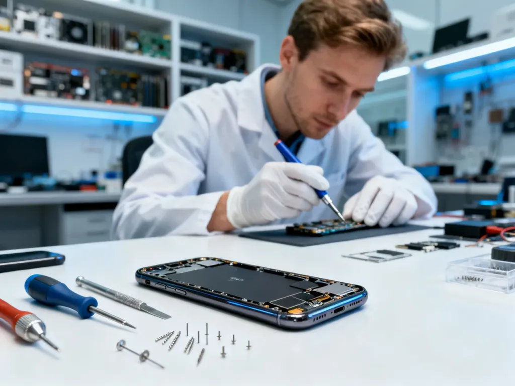 Technik w rękawiczkach naprawia rozkręcony smartfon na czystym stole serwisowym w profesjonalnym serwisie w Poznaniu