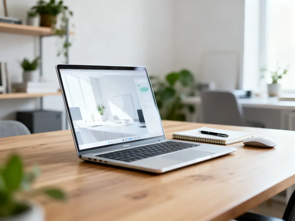 Nowoczesny, smukły laptop na biurku w domowym biurze, podkreślający komfortową przestrzeń do pracy zdalnej.